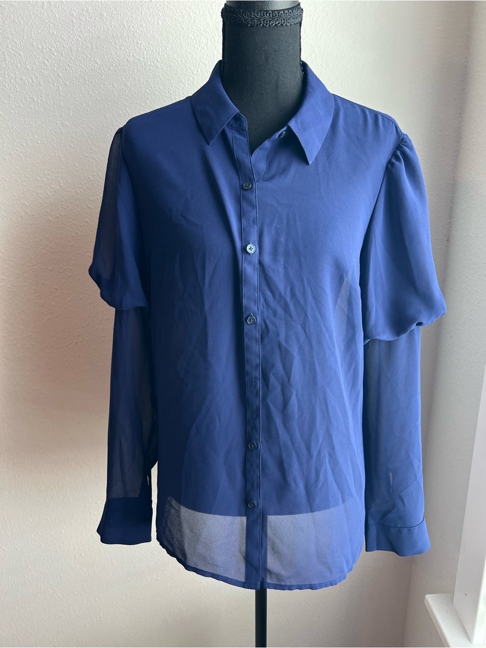 Express Royal Blue Semi-Sheer Button-Up Blouse